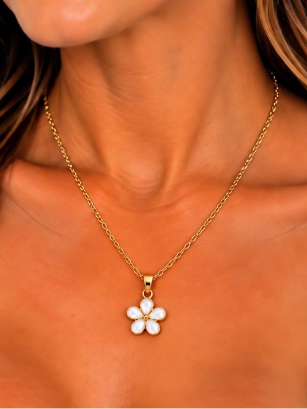 White Flower Enamel Pendant Necklace - Gold Tone Charm-Women Jewelry
